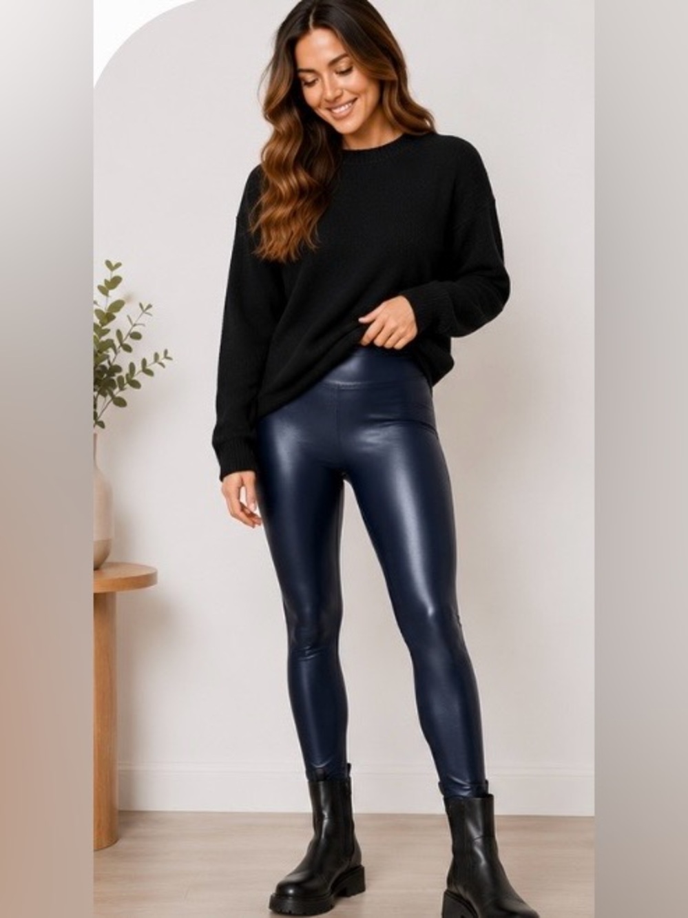High-Waist Navy Faux Leather Coated Leggings Pull-On Stretch Skinny Pants Size M